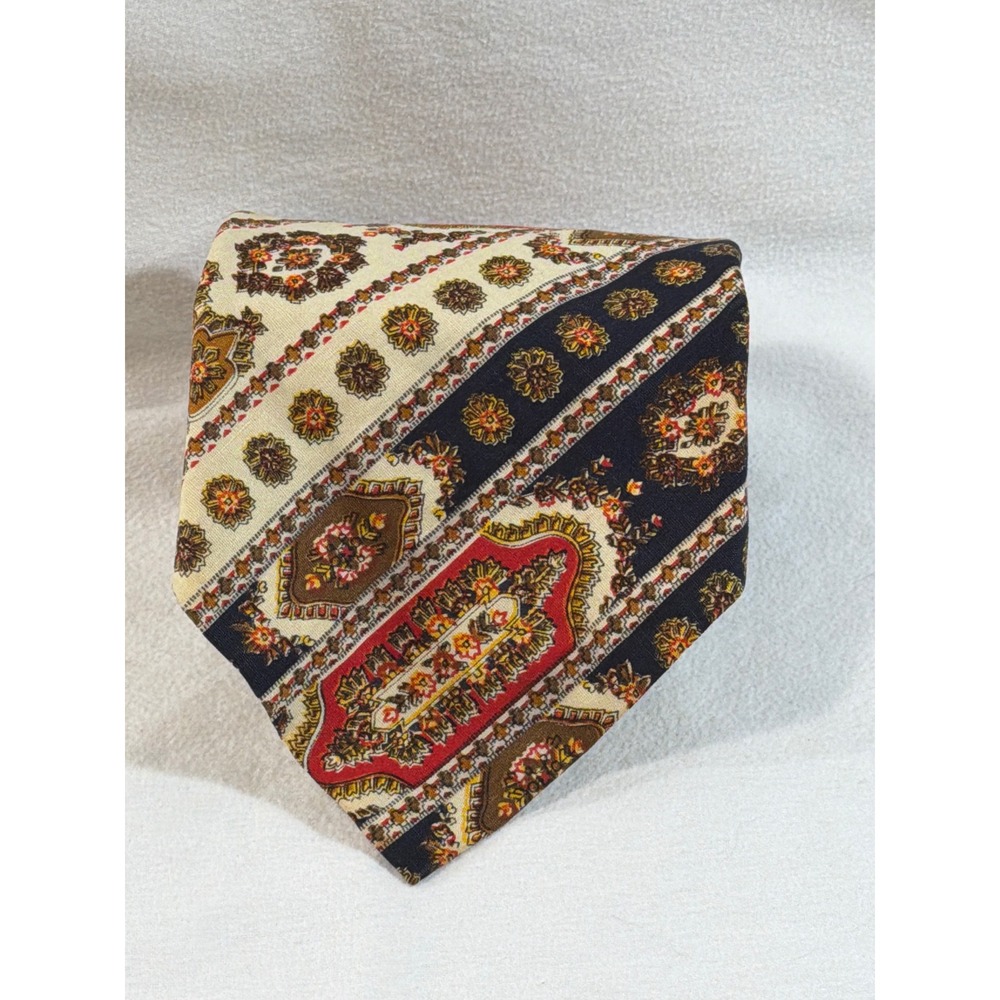 Vintage Damon Mens Tie Navy Cream Paisley Floral Medallion Wide 70s Retro USA